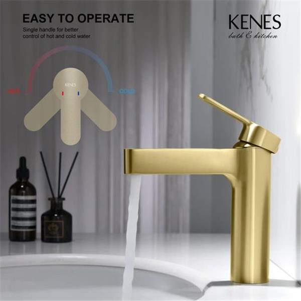 KENES Brushed Gold Single Hole Bathroom Faucet Modern Single Handle Bathroom Sink Faucet with D