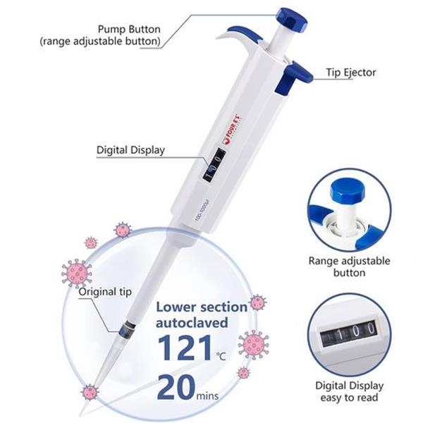 FOUR E'S SCIENTIFIC 100uL-1000uL High-Accurate Single-Channel Manual Adjustable Variable Volume