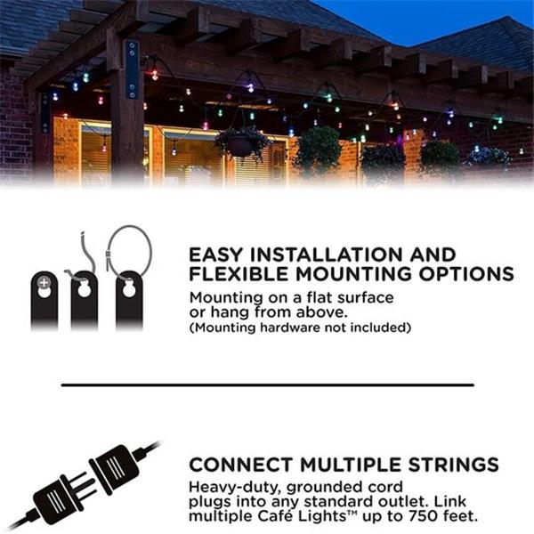 48FT Color Changing Outdoor String Lights, RGB Cafe LED String Light with 15 E26 Shatterproof E