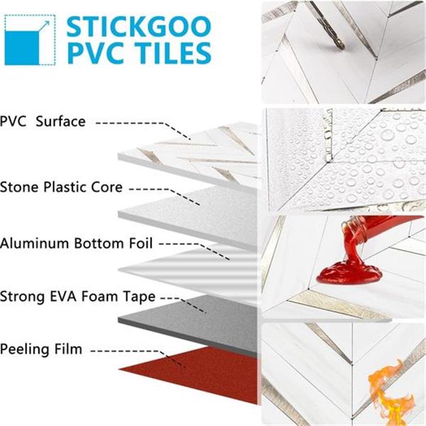 STICKGOO 10-Sheet Herringbone Tile Peel and Stick Backsplash, Dolomite White Mixed Light Gold P