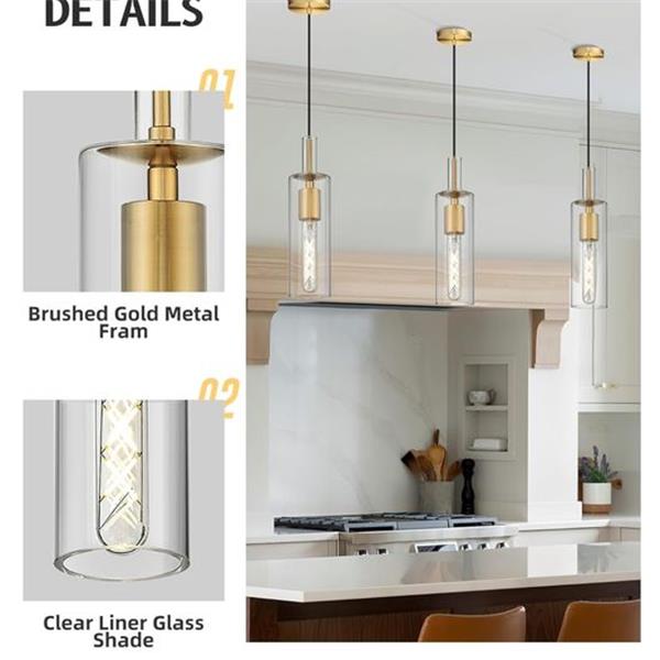 AUTELO 1-Light Pendant Lights Kitchen Island - Gold Pendant Light Fixtures, Vintage Hanging Lam