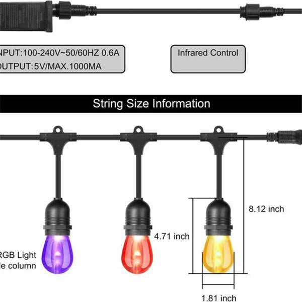 48FT Color Changing Outdoor String Lights, RGB Cafe LED String Light with 15 E26 Shatterproof E