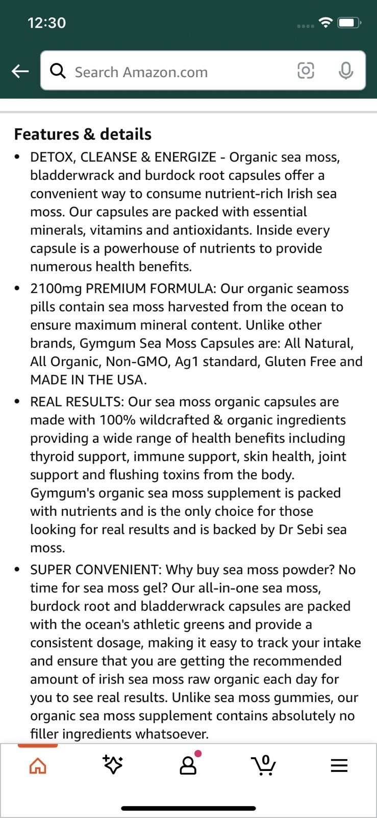 GymGum Organic Sea Moss Capsules, 2,100 Mg Per Serving, Bioperine, Lot Of 180