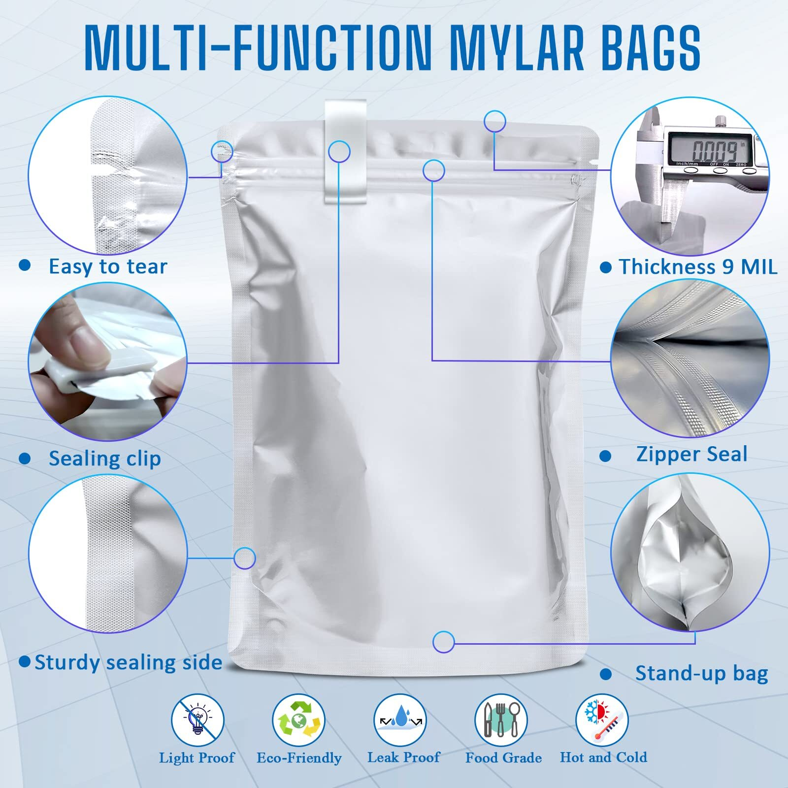 100 Pack Mylar Bags for Food Storage with 100x300cc Oxygen Absorbers - 9 Mil ...