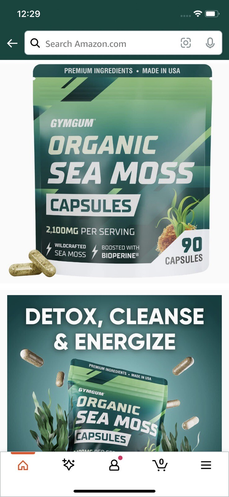 GymGum Organic Sea Moss Capsules, 2,100 Mg Per Serving, Bioperine, Lot Of 180