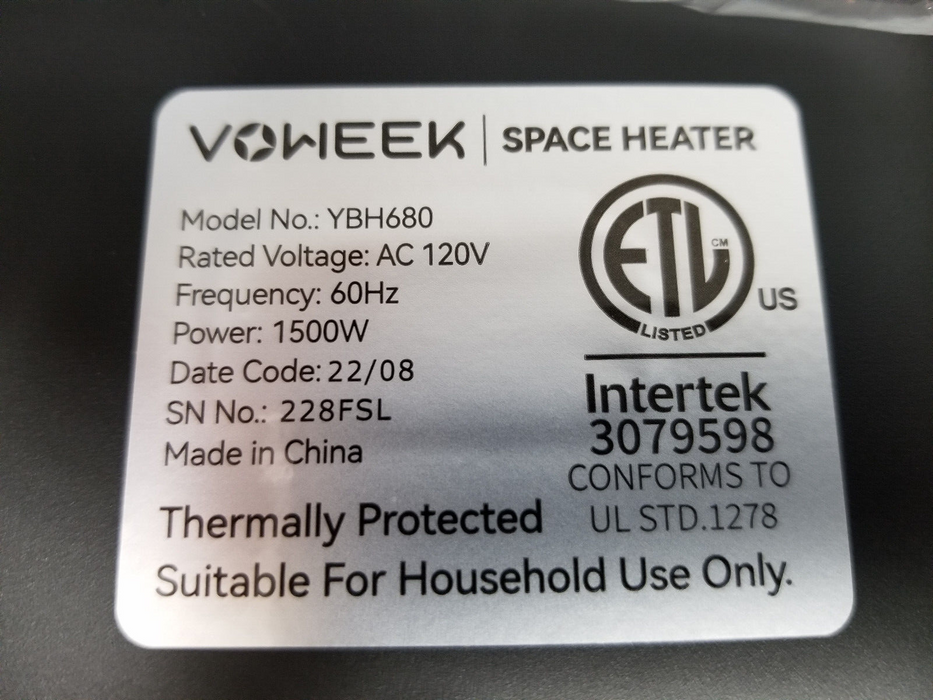 Voweek 24" Space Heater YBH680 1500W with Remote