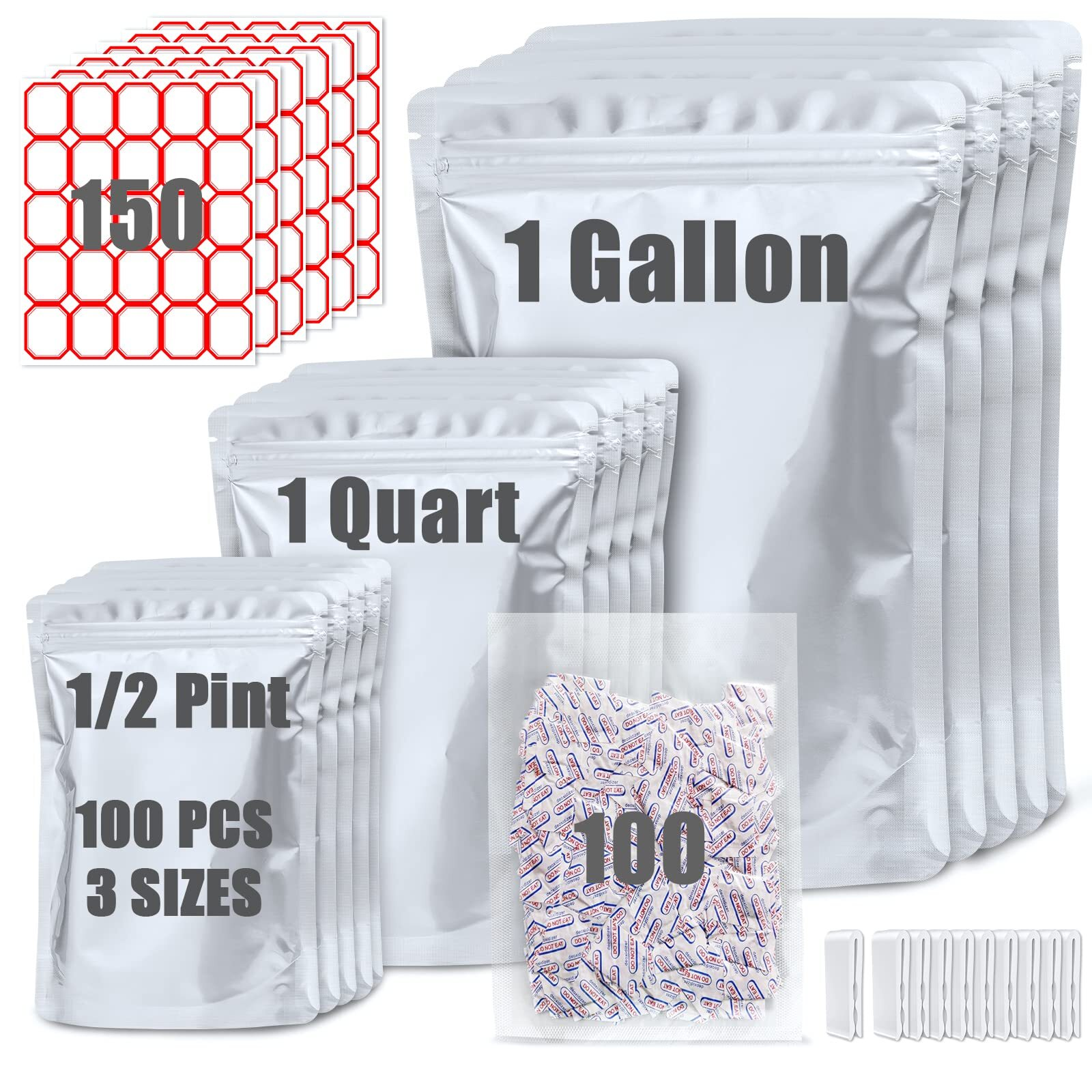 100 Pack Mylar Bags for Food Storage with 100x300cc Oxygen Absorbers - 9 Mil ...