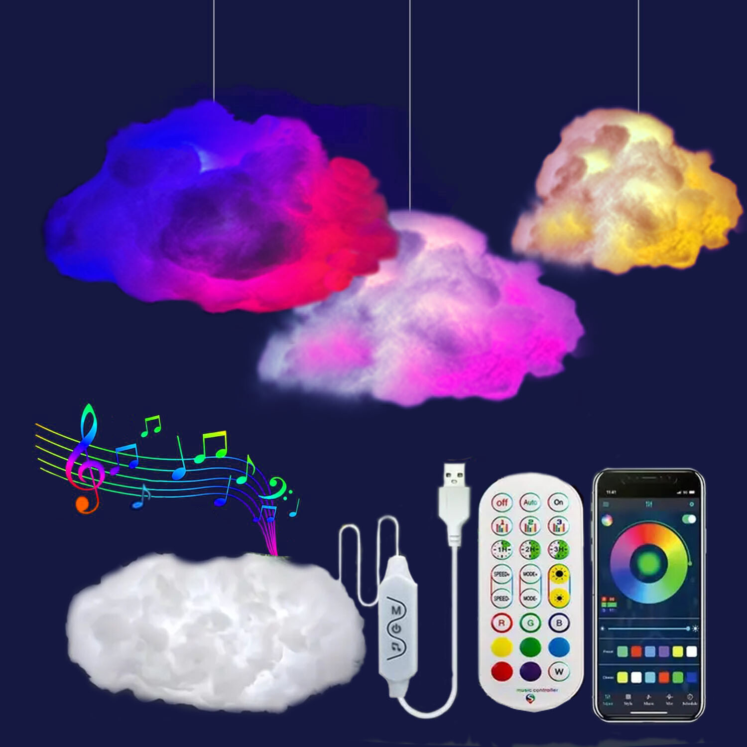 3D Thundercloud Led Light Lantern Set Cotton Cloud Music Sync RGB Color Change