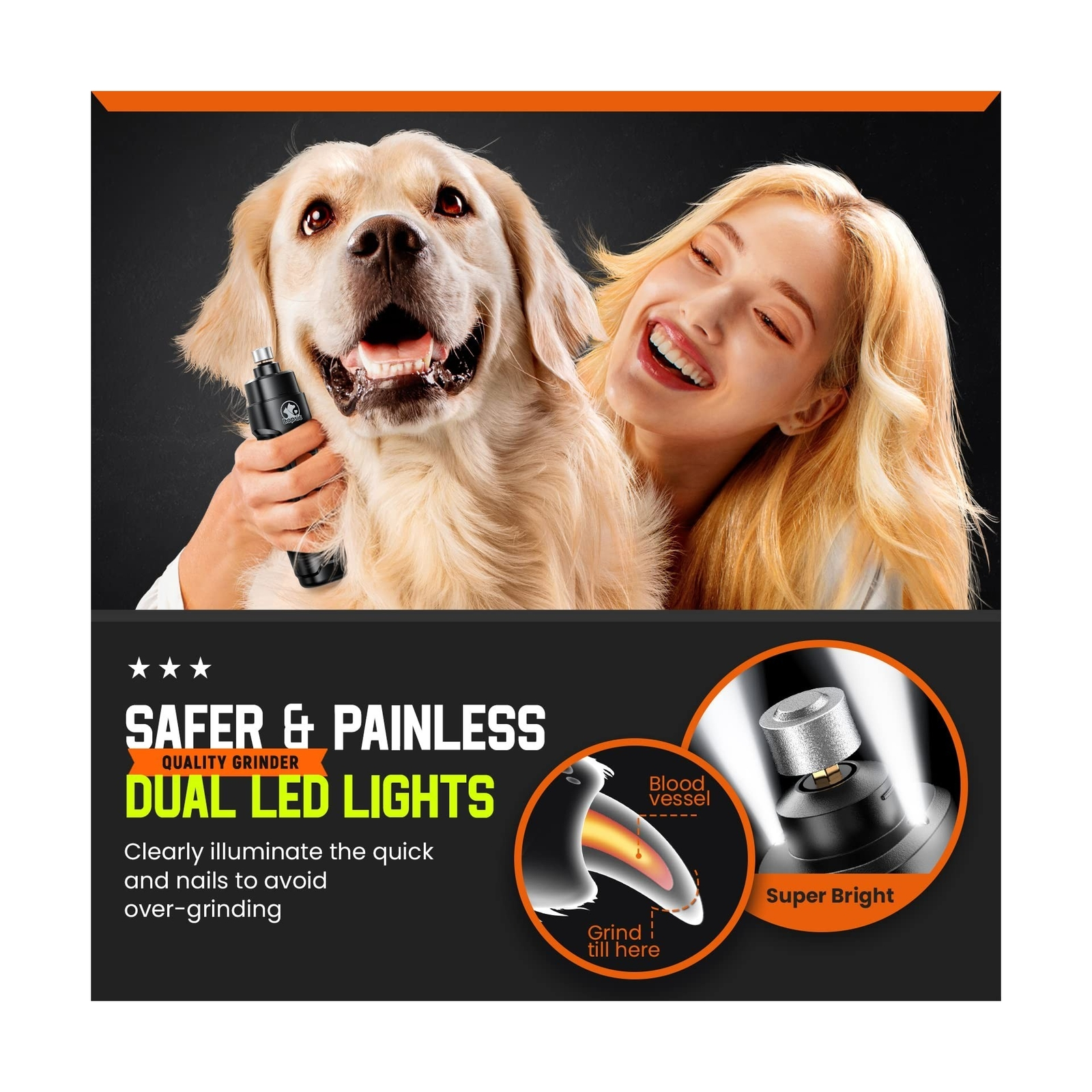 LOPSIC Dog Nail Grinder with 2 LED Lights, 2-Speed Powerful Rechargeable Dog ...